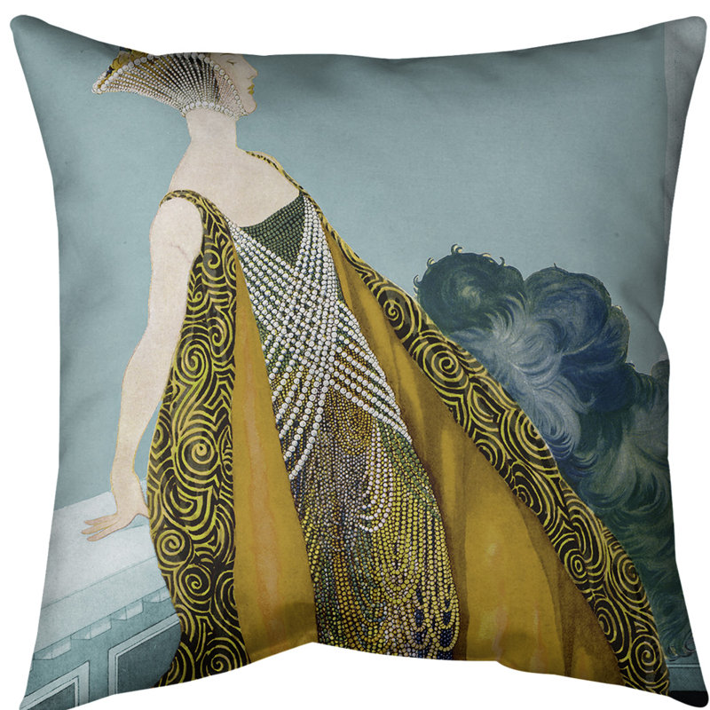 Housse de coussin Art Nouveau, 16 po x 1 po, Bleu / Jaune, Sergé de coton