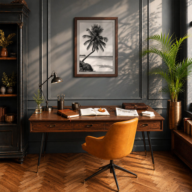 Leaning Palm Coastal - Framed Print, Walnut, A1 - 84.1 x 59.4 cm