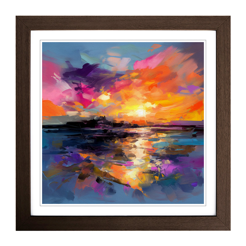 Sunset Gestural Art No.2 - Single Picture Frame Print on Wood, Walnut