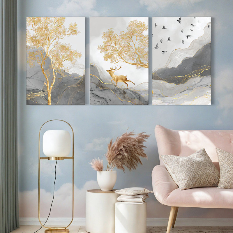 Tableau sur toile tendue représentant un paysage de cerfs dorés et d'arbres, nature abstraite (ensemble de 3)
