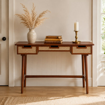 Bureau en bois et rotin de 130 cm avec 3 tiroirs en rotin, placage en bois d'hévéa et MDF. Table de console multifonctionnelle avec système antibasculement, idéale pour le salon, la chambre à coucher ou le bureau.