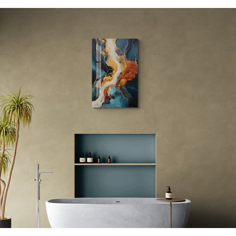 Art mural de style marbré en verre trempé bleu, reproduction d'art abstrait et contemporain sur verre, H 29,5 po x l 19,5 po