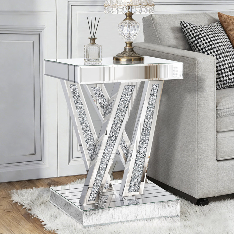 Table de bout en miroir argenté avec diamant concassé, table d'appoint Glam, petite table d'appoint pour le salon, la chambre à coucher, le bureau personnel, 15,7 po x 11,8 po x 22,4 po
