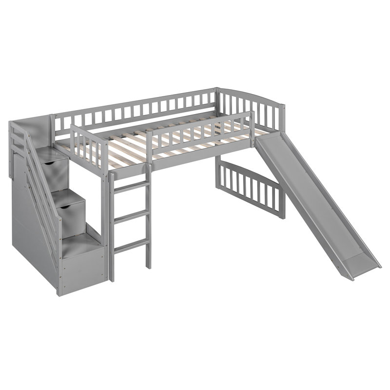 Twin Size Stairway Loft Bed With Two Drawers And Convertible Slide, Gray, Maximized Space, Pine Wood Frame, Full - Length Guardrails, Suitable For 6 + Years Old Gray Material, No Box Spring,