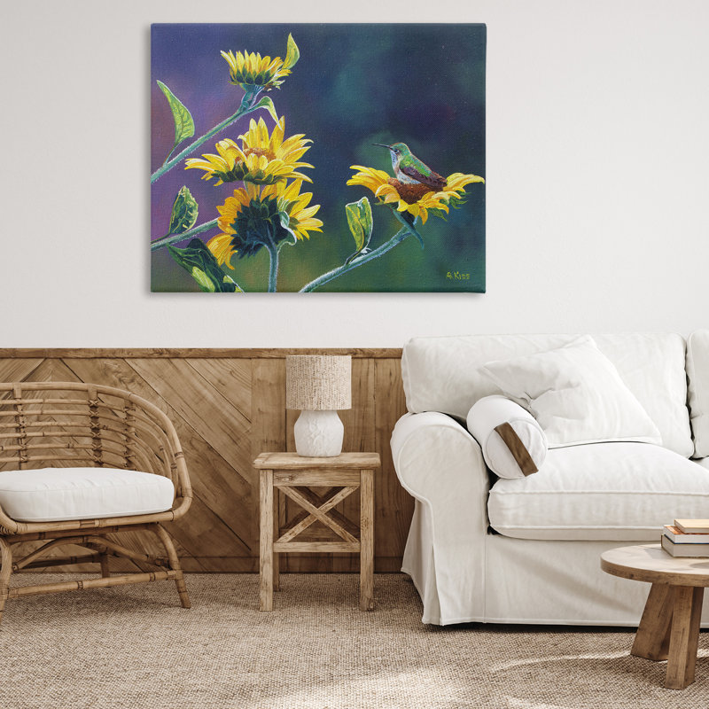 Art mural sur toile reposant des oiseaux sur des tournesols par Andrew Kiss, H 36 po x l 48 po
