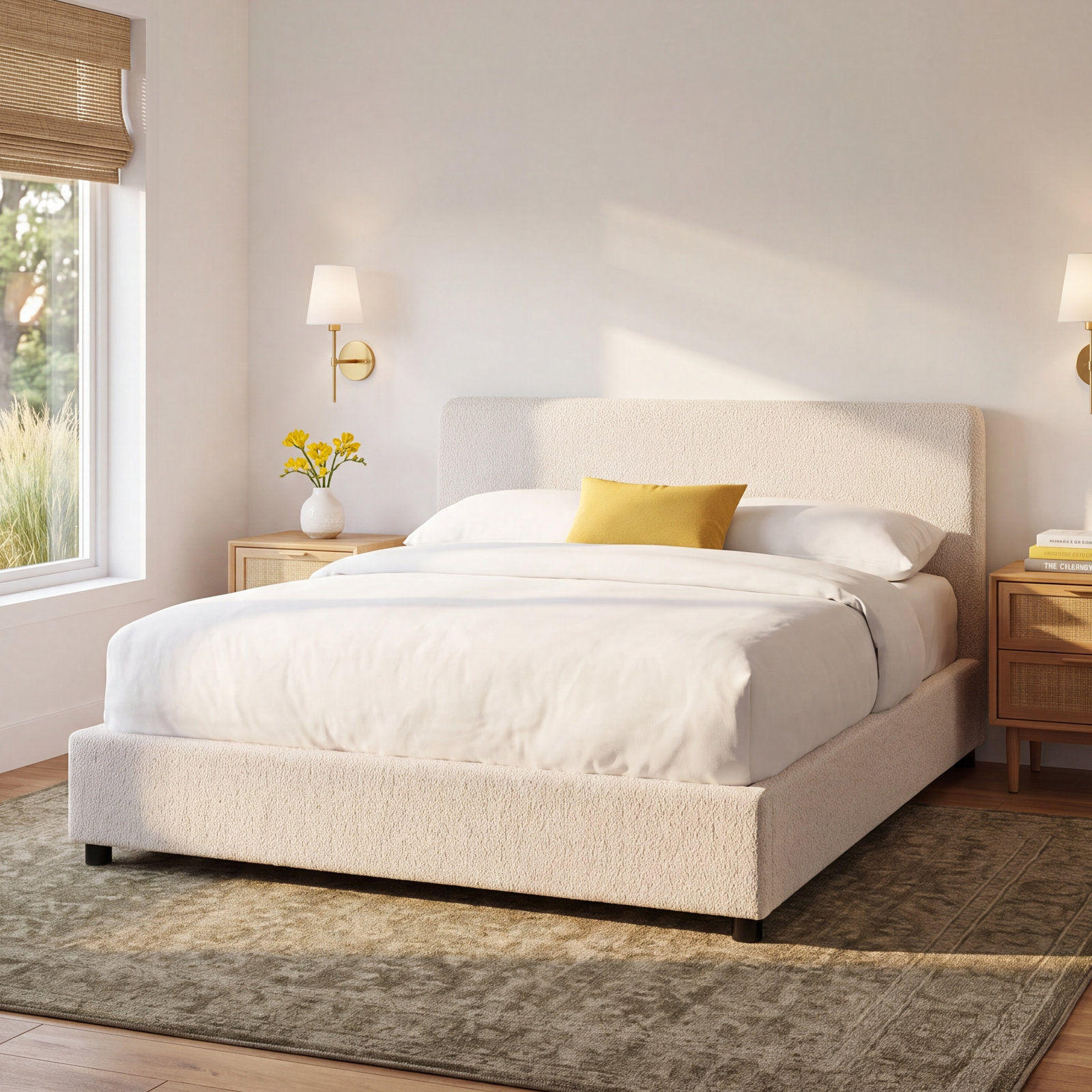 Boucle Platform Bed, White Boucle, Full