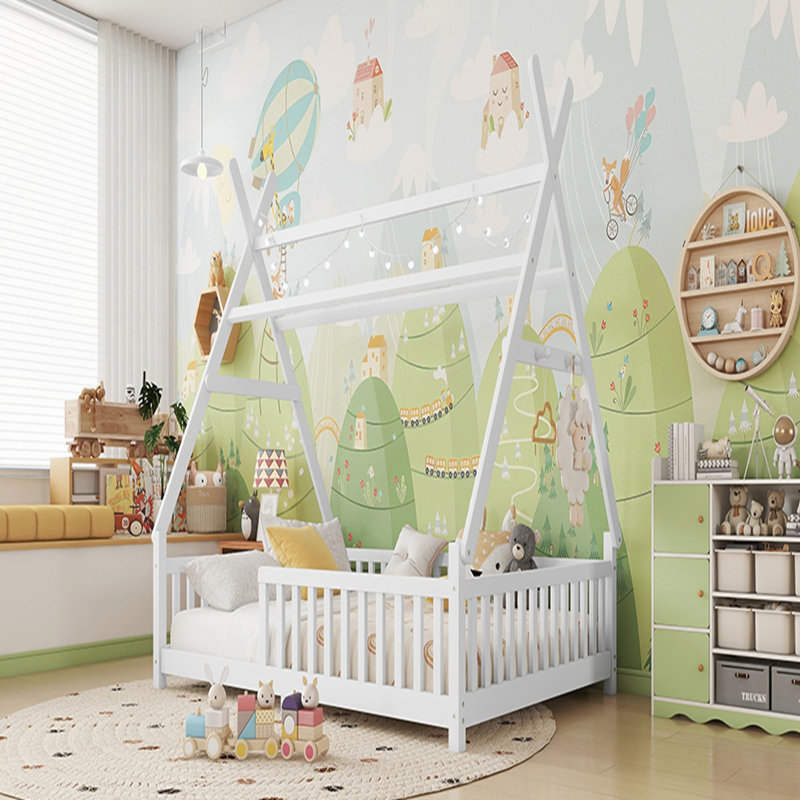 Lit maison avec lumière DEL, plancher bas et toit amovible pour enfants, Double, Blanc