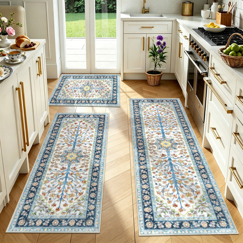 Machine Washable Non-Slip Kitchen Mat, Blue/Beige