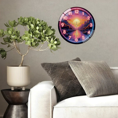 Neon Style Clock Mountains Lake Sunset Art - 12'' Modern Glass Wall Clock