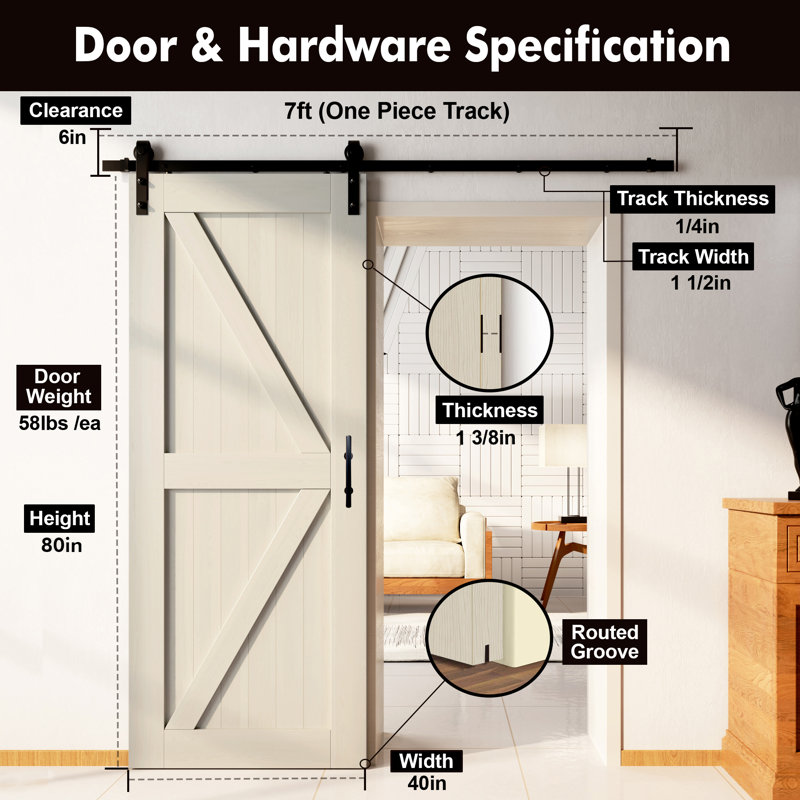 5-in-1 Design 80" Colour Solid Pine Unassembled Door with Black Rustic Installation Hardware Kit, Tinsmith Grey, 40" x 80"