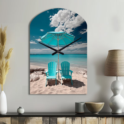 Beach Sandy Escape Chairs - Arch Beach Metal Wall Clock, Turquoise Wall Clock Print