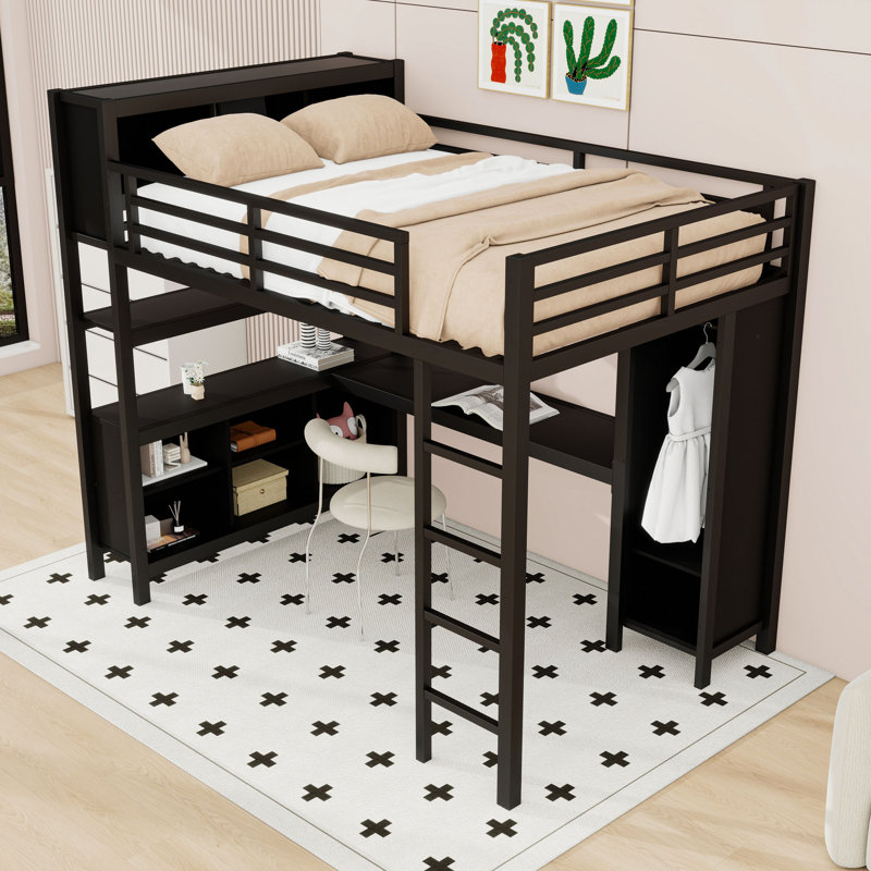 Lit mezzanine en métal avec garde-robe, bureau, cubes de rangement et tablettes, Black