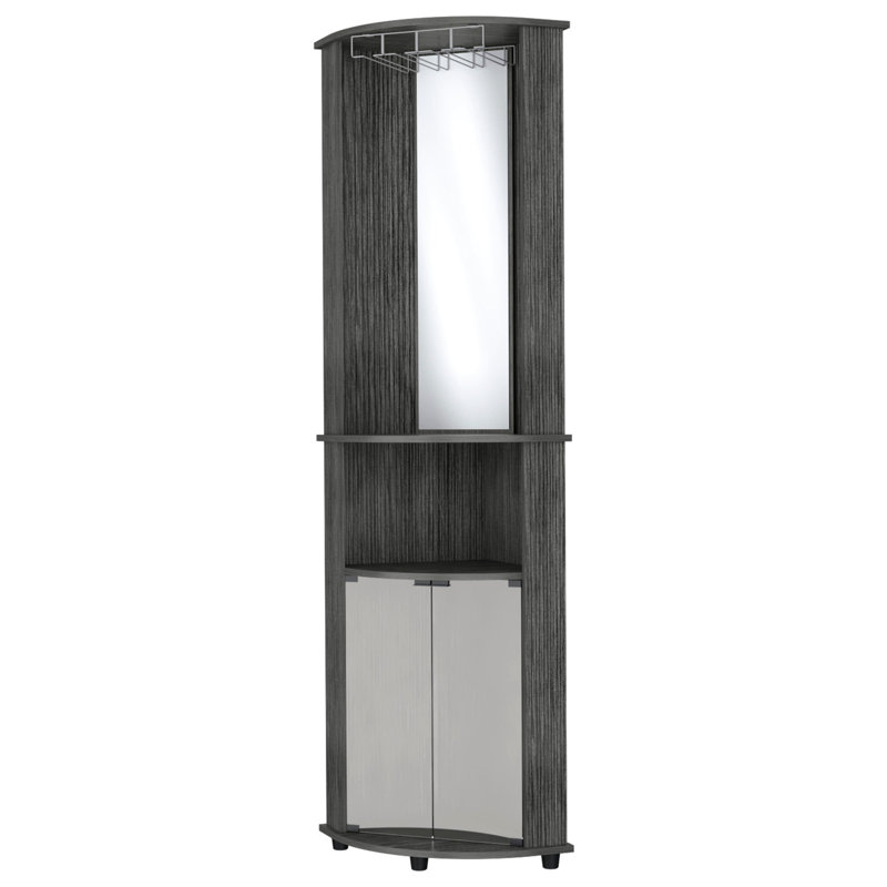 Armoire de bar en chêne avec 3 tablettes, portes simples en verre et tablette décorative