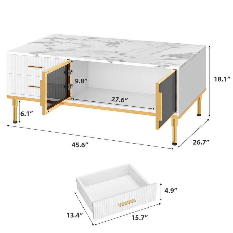 Table basse, table basse moderne pour le salon avec 4 tiroirs, armoires vitrées, conception de panneau cannelé en faux marbre, solution de rangement élégante