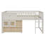 Lit mezzanine bas pour enfant (taille standard), cadre en bois avec étagère de rangement et armoire à portes en rotin, décoration ours mignon, design discret, meuble de chambre gain de place - blanc-298144679-298144678