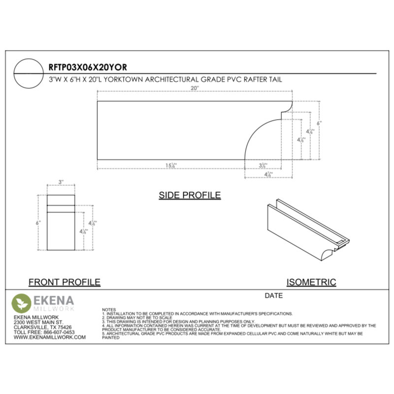 3"W x 6"H x 20"L Standard Yorktown Architectural Grade PVC Rafter Tail, 6"H x 3"W x 20"D