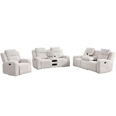 Ensemble de canapé inclinable 1 + 2 + 3 places, fausse fourrure manuelle inclinable, dossier central rabattable, haut-parleur de musique, port de chargement USB, téléphone sans fil, porte-gobelets, canapé inclinable pour salon gris