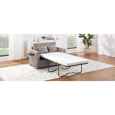 Twin Size Sofa Bed 47.2" Sleeper Sofa Loveseat Sofa with a Foldable Mattress, a Foldable Side Table, a Side Storage Pocket and Two USB Ports for Living Room, Grey-Brown