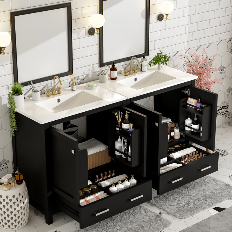 Meuble-lavabo double 60 po, lavabos, rangement intégré, espace de rangement spacieux, tablette de rangement, esthétique moderne
