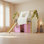 Lit mezzanine House avec rebords et tentes, lit mezzanine en bois massif avec échelles et glissade, design chic avec lumières, aucun sommier