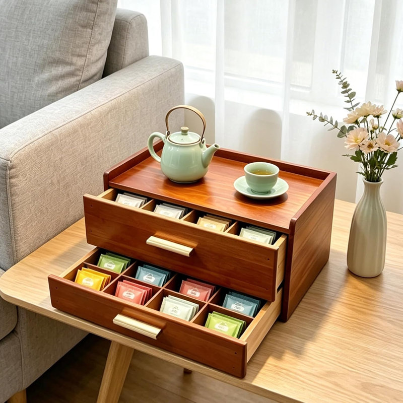 Organisateur de sachets de thé en bois avec passe-partout et sachets de thé
