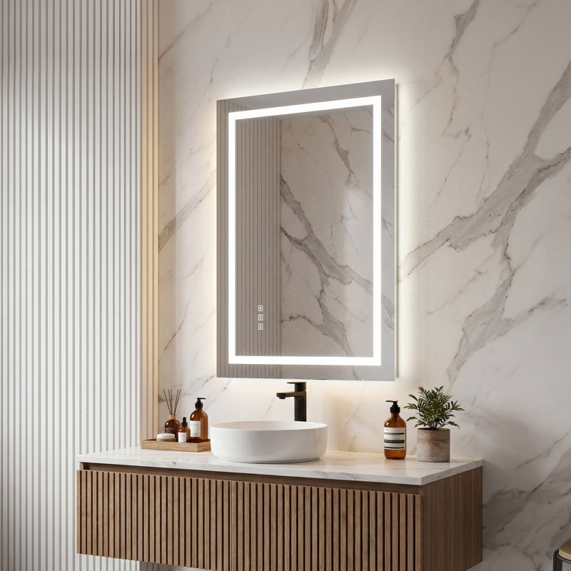 Miroir de salle de bain sans cadre avec double éclairage à DEL, antibuée, éclairage à intensité variable et fonction mémoire