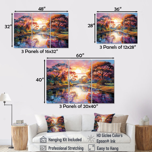 Lark Manor™ Purple Autumn Sunset Over Wide River - Lake Wall Art Set ...