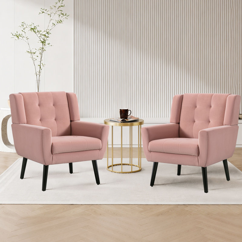 Tufted Upholstered Wide Back Armchair（Set of 2）, Pink Velvet