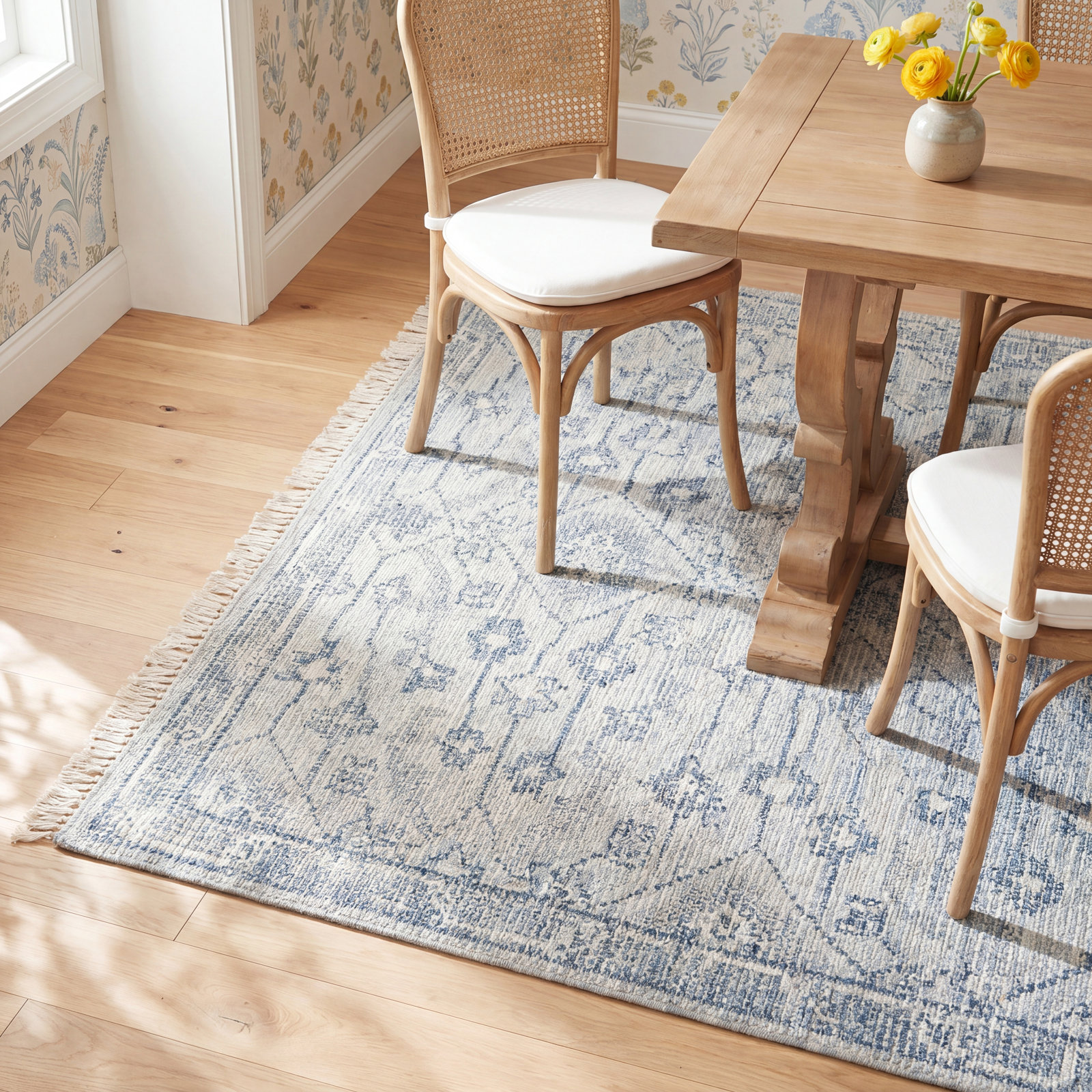 Ronia Blue Hand-Knotted Floral Rug, Rectangle 3' x 5'