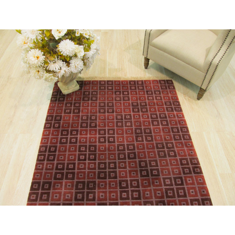 Nepalese Multicolor Hand Knotted Wool Burgundy, Maroon Contemporary Abstract 4' x 5'10" Area Rug