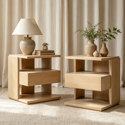Fenlyra Modern Mid-Century Floating Space-Saving C-Shape Nightstand with Drawer & 3-Tier Open Storage Shelves for Bedroom & Living Room