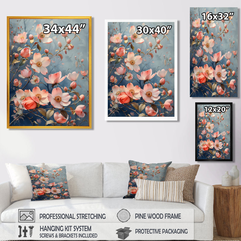 Décoration murale rose et bleu Garden Of Dreams Dogwood III - cornouiller, Cadre simple noir, H 12 po x l 20 po