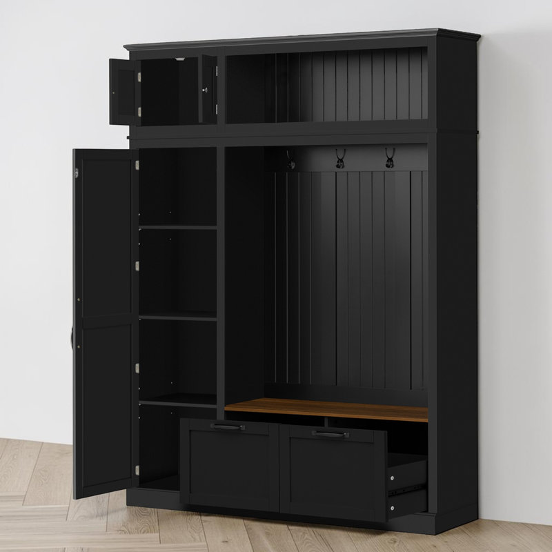 Hall Tree With Storage Bench, Entryway Organization, Side Cabinet And Drawers, Modern Farmhouse, Mudroom, Black