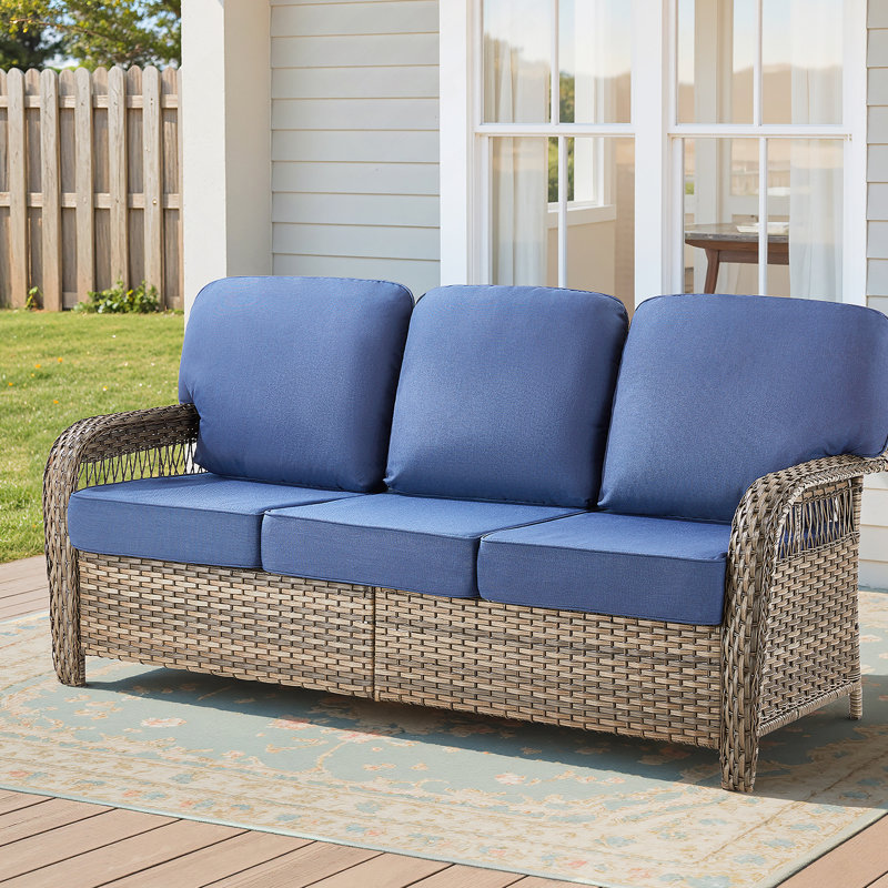 75.2 Inch Outdoor Gray Wicker Patio Sofa With T-Shape Back Cushions And 5-Inch Thick Foam,   For Porch Or Backyard Relaxation