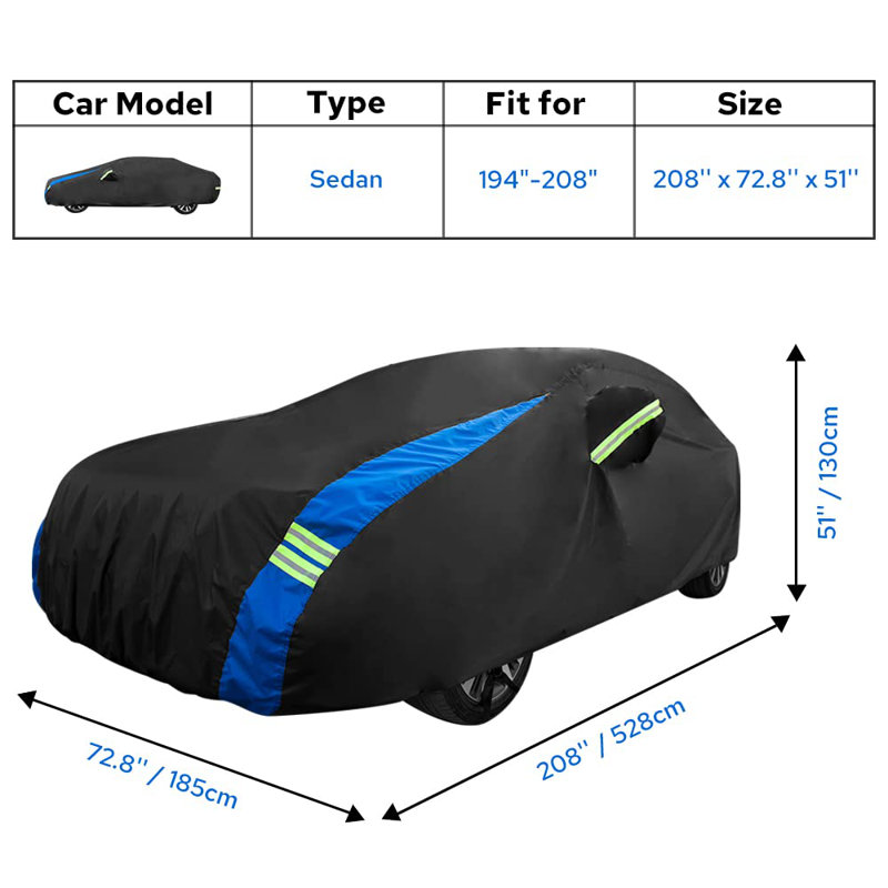 Waterproof All-Weather Car Cover For Sedan (194-208 Inch), Heavy Duty Outdoor Full Exterior Cover With Reflective Strips & Windproof Straps