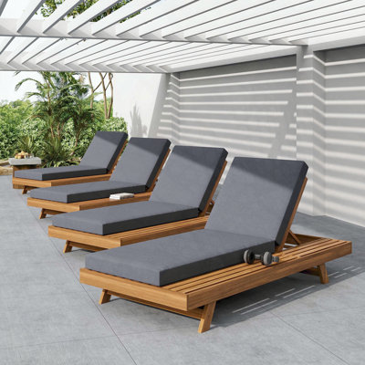 Acacia Wood Chaise Lounge with 4-Position Reclining and Dark Grey Water-Resistant Cushion