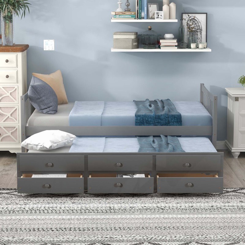 Lit de jour simple polyvalent avec lit gigogne et tiroirs pour plus de fonctionnalité, Gris, Lit simple