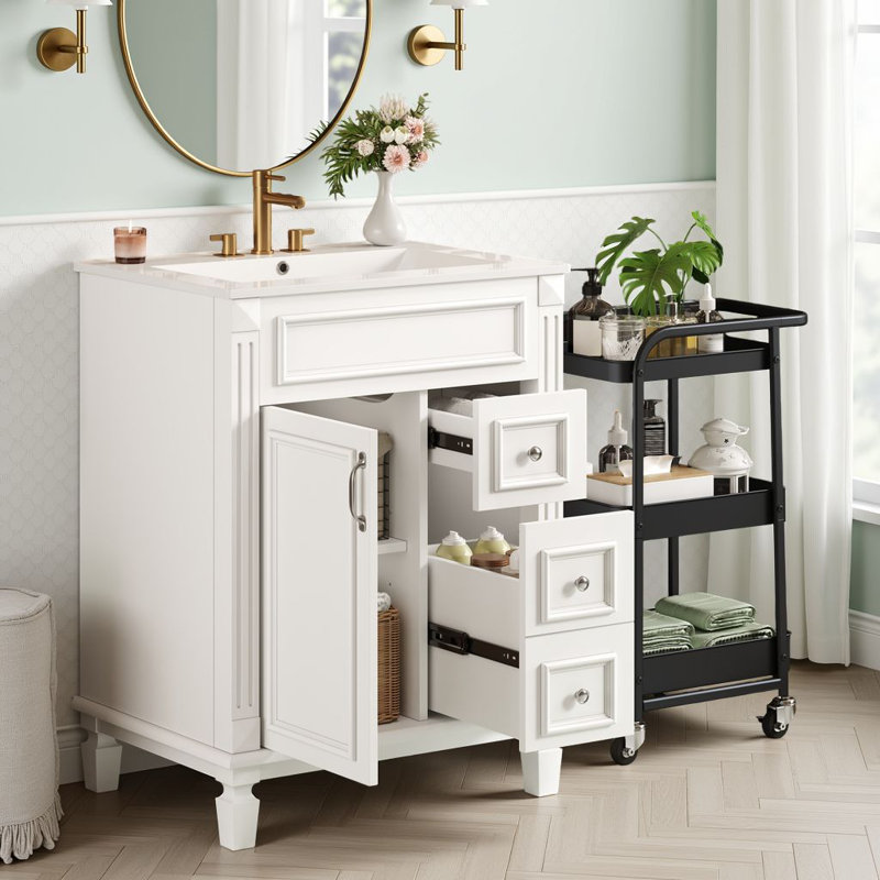 Ensemble de meuble-lavabo autoportant 24 po avec lavabo en céramique, 2 tiroirs, 1 porte à fermeture douce et 1 tablette réglable
