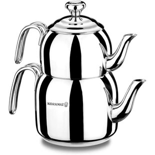 Korkmaz Nostaljia Maxi Stainless Steel 1.2 Liter Tea Pot and 2.2 Liter  Kettle Set