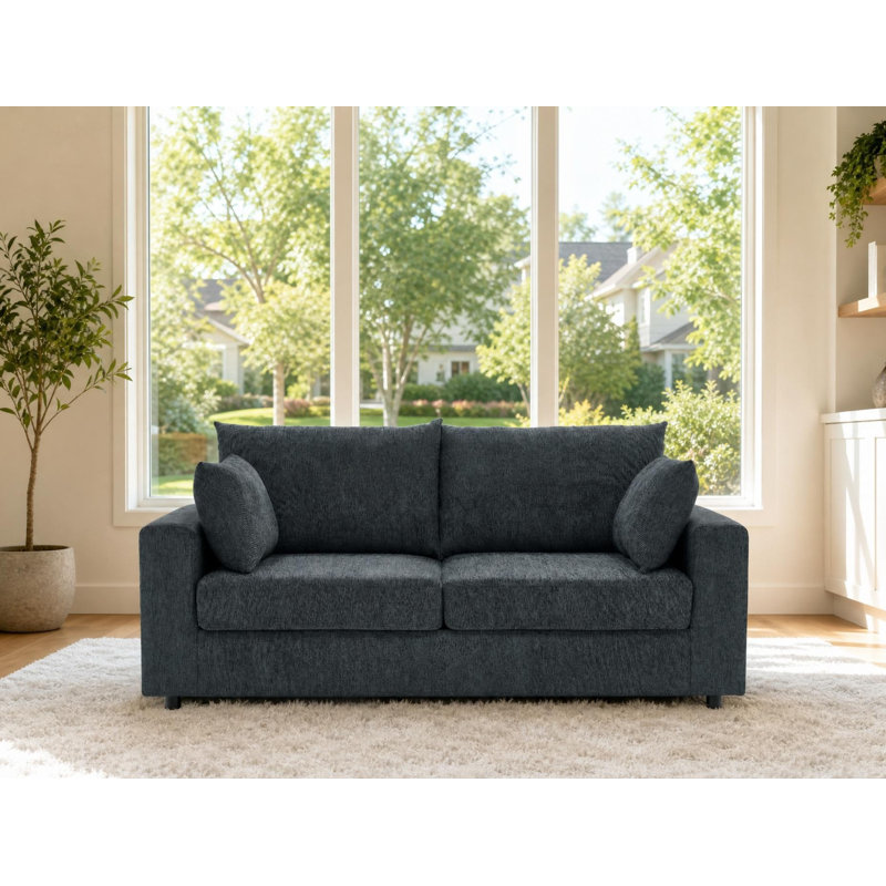 Modern Minimalist Upholstered 2-Seater Sofa With Removable Back Cushions, Gray Blue