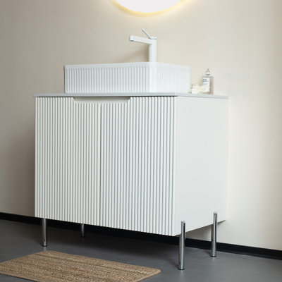 Meuble-lavabo autoportant avec 2 portes, lavabo en céramique et comptoir Carrara