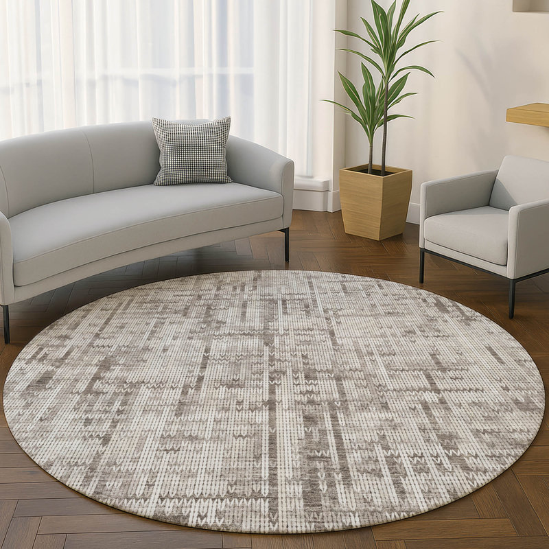Premium Machine Washable Mayfield AMF2130 Striped Rug, Taupe, 8' Round