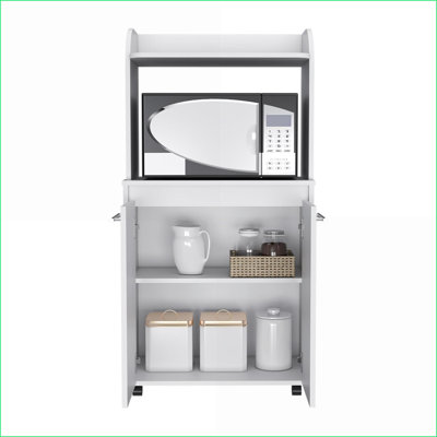 Kitchen Cart with Microwave Shelf, Double Door Cabinet &amp; Caster Wheels, Snow White | White | Particle Board