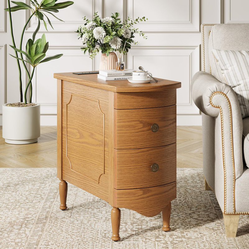 Narrow 2 Drawer End Table With Charging Station, Light Walnut