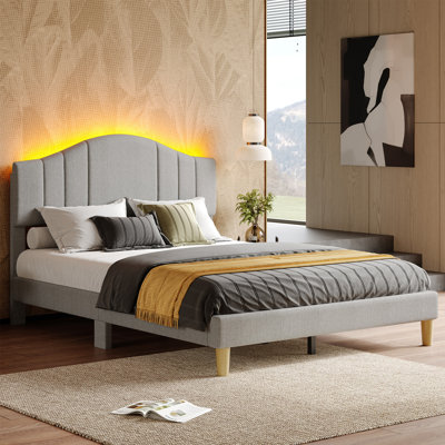 Queen Size Gray Linen-Blend Upholstered Platform Bed Frame with LED Light and Height Adjustable Headboard, No Box Spring Needed