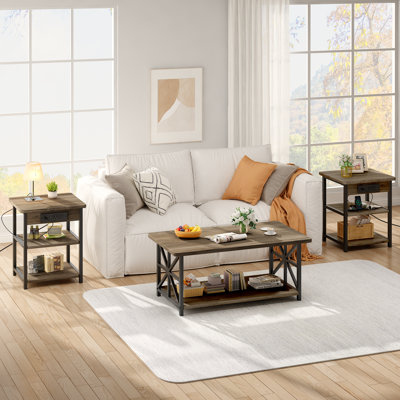 Ensemble de 3 tables basses de style ferme avec station de recharge, comprenant 2 tables d'appoint avec 2 ports USB et 2 prises secteur chacune, pour appartement, salon et chambre.