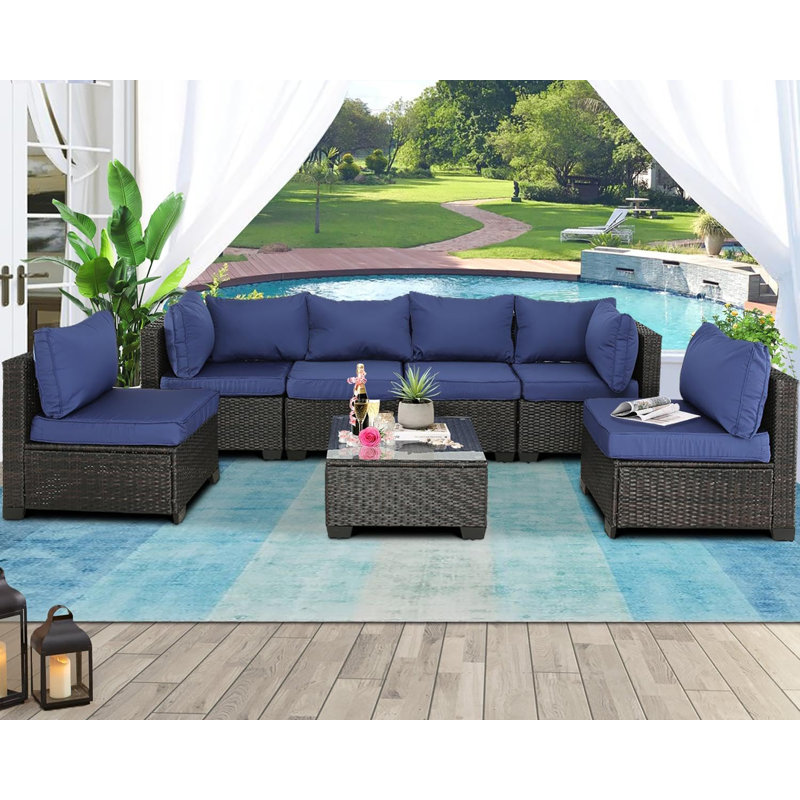7 Piece Modular Patio Conversation Sets, Sectional Seating Group with Cushions, Blue, Brown