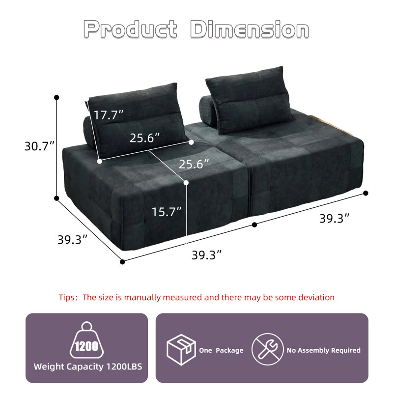 Canapé d'angle modulaire, tissu noir 2 pièces, appuie-tête ajustable, Tissu noir