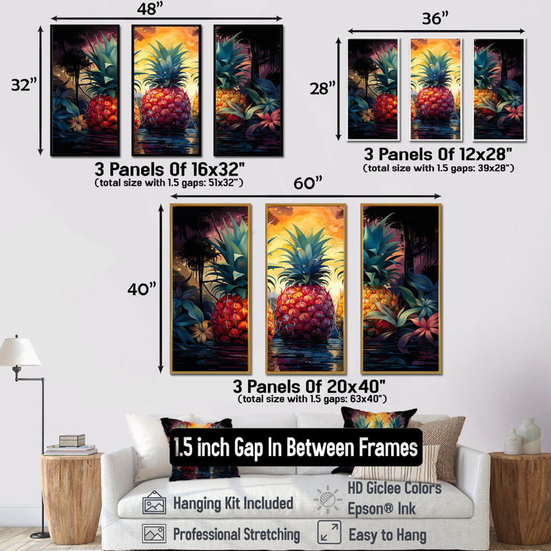 Ensemble de toiles murales ananas, Cadre naturel flottant, H 40 po x l 60 po x P 1 po