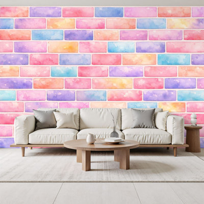 Papier peint adhésif autocollant brique aquarelle colorée brique pastel dégradé H 69 po x l 96 po, papier peint amovible en PVC pour chambre à coucher, bureau à domicile